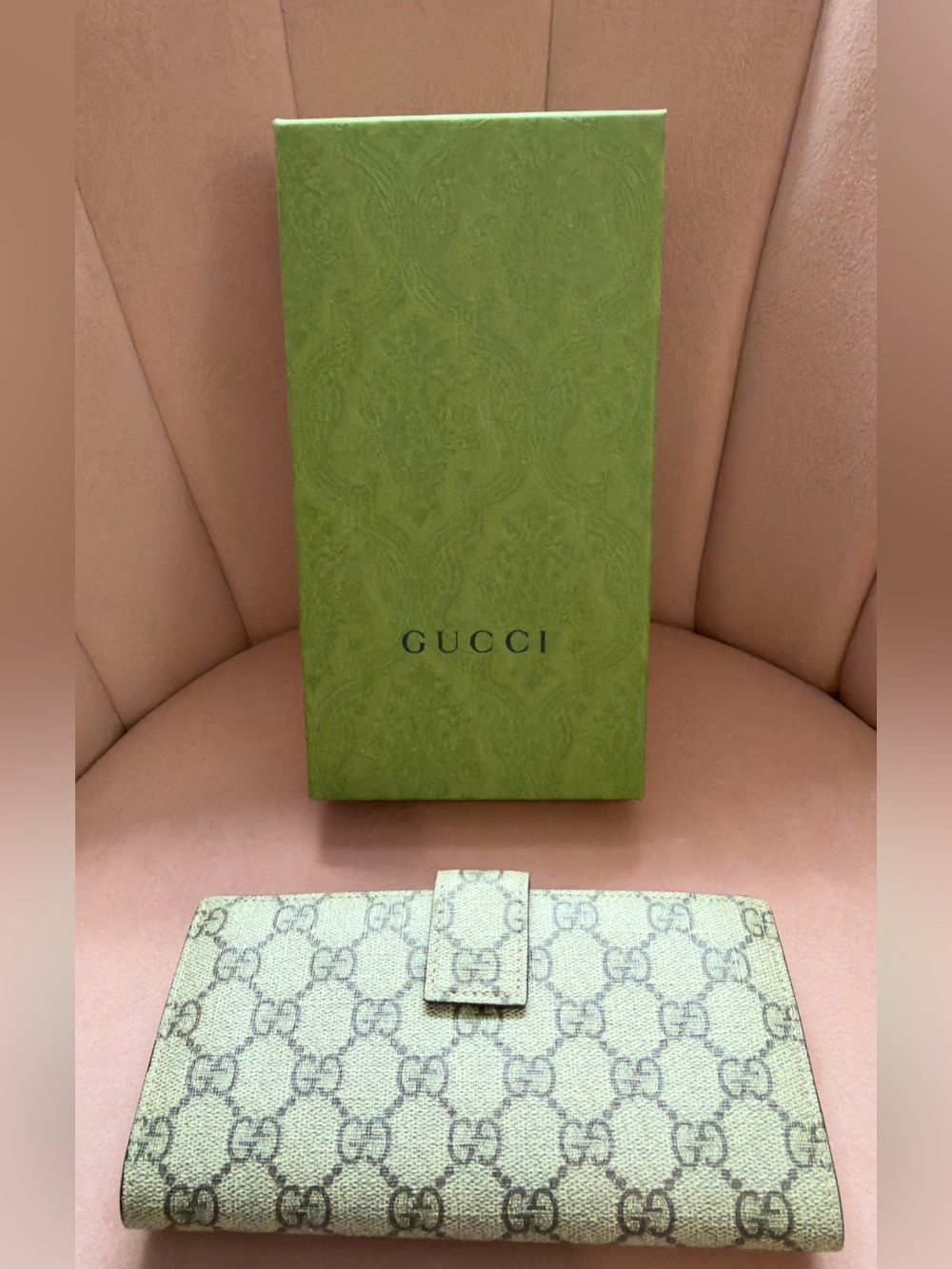 Gucci Beige GG Monogram Continental Wallet with Snap Tab